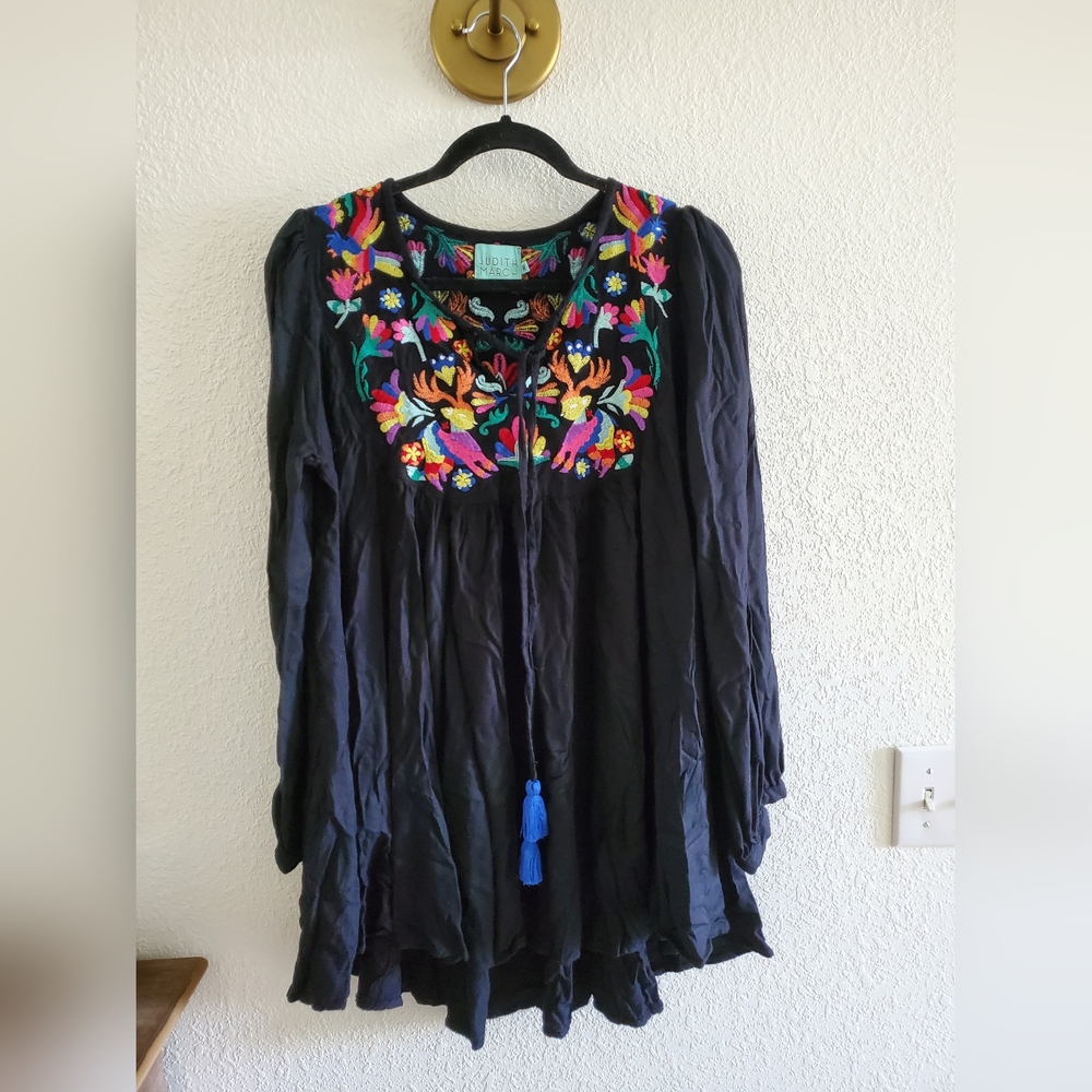 Womens Judith March Embroidered Mini Dress Long Sleeve Black M